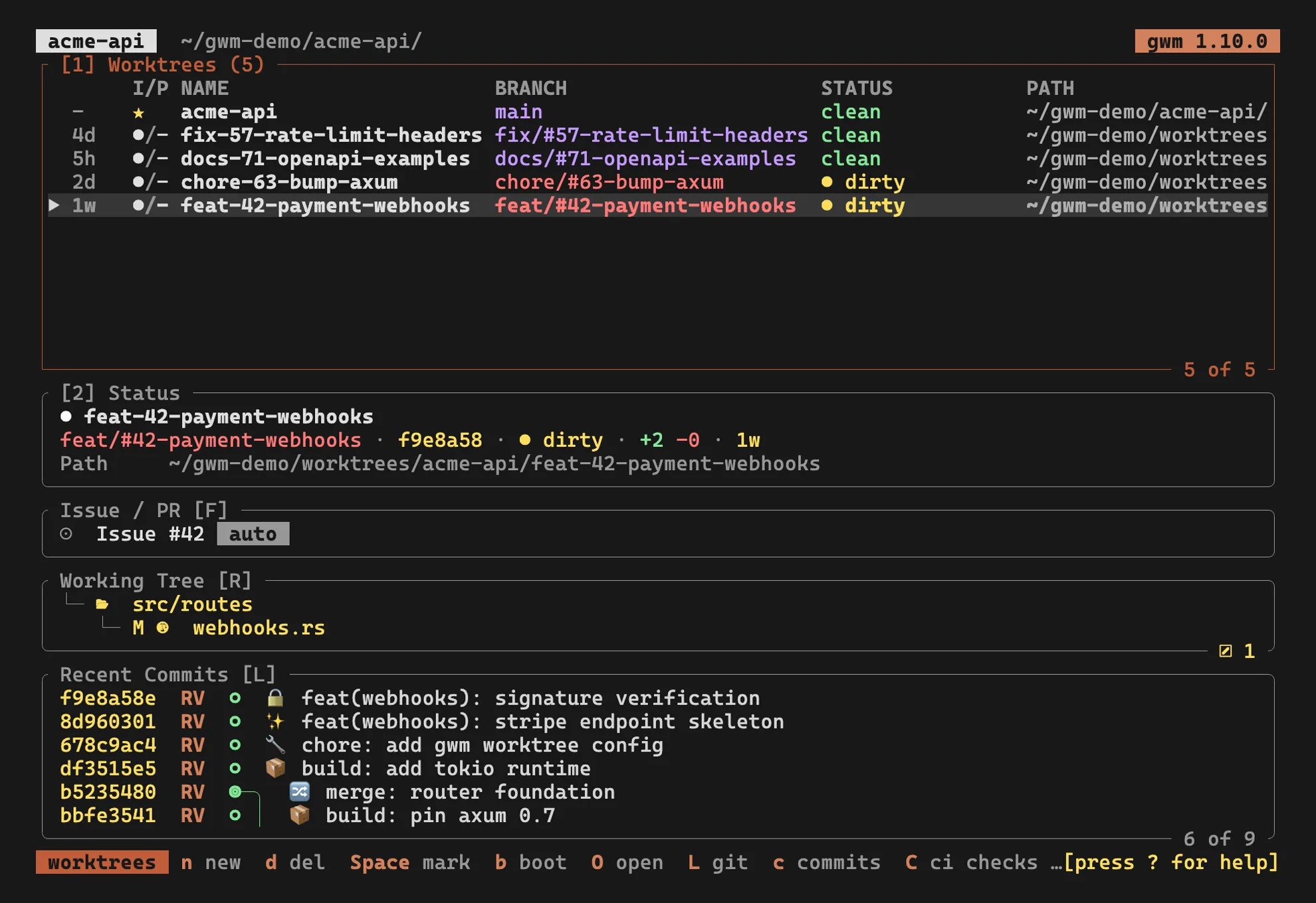 gwm TUI in bordered mode: lazygit-style box rules around every section
