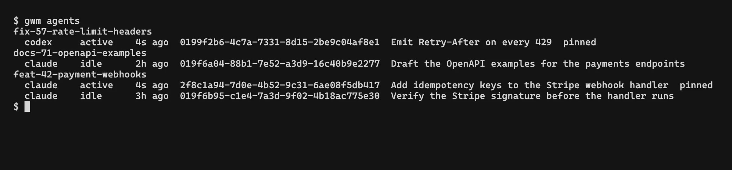 gwm agents: sessions grouped per worktree, with agent, freshness, last activity, id and name