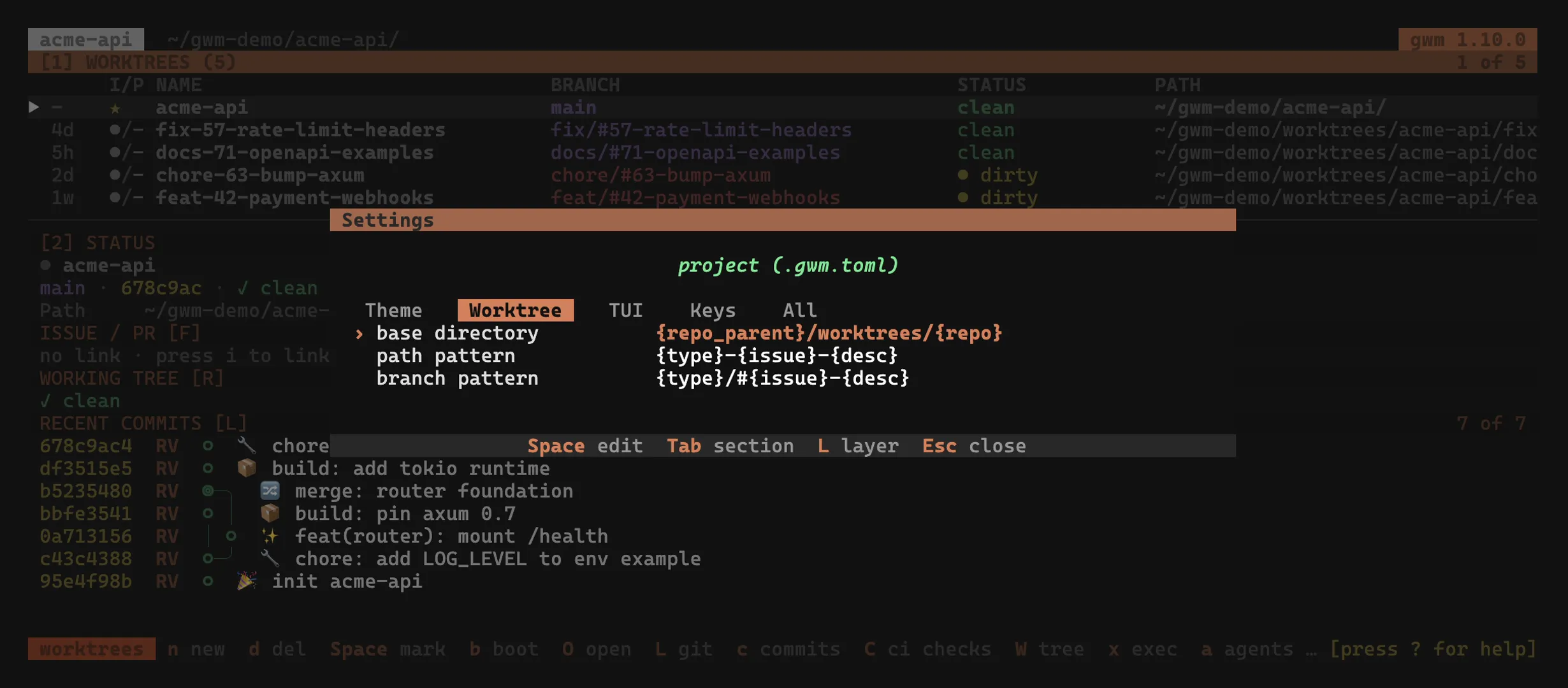 The Settings panel on its Worktree tab: base, path_pattern and branch_pattern with their resolved values