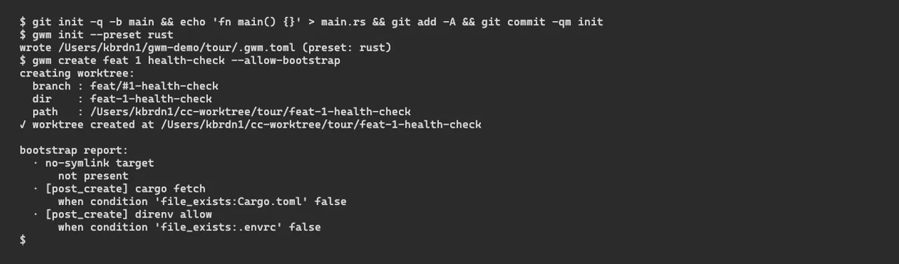 Terminal output: gwm init writes a .gwm.toml from the rust preset, then gwm create opens the feat/#1-health-check branch, its worktree, and prints the bootstrap report