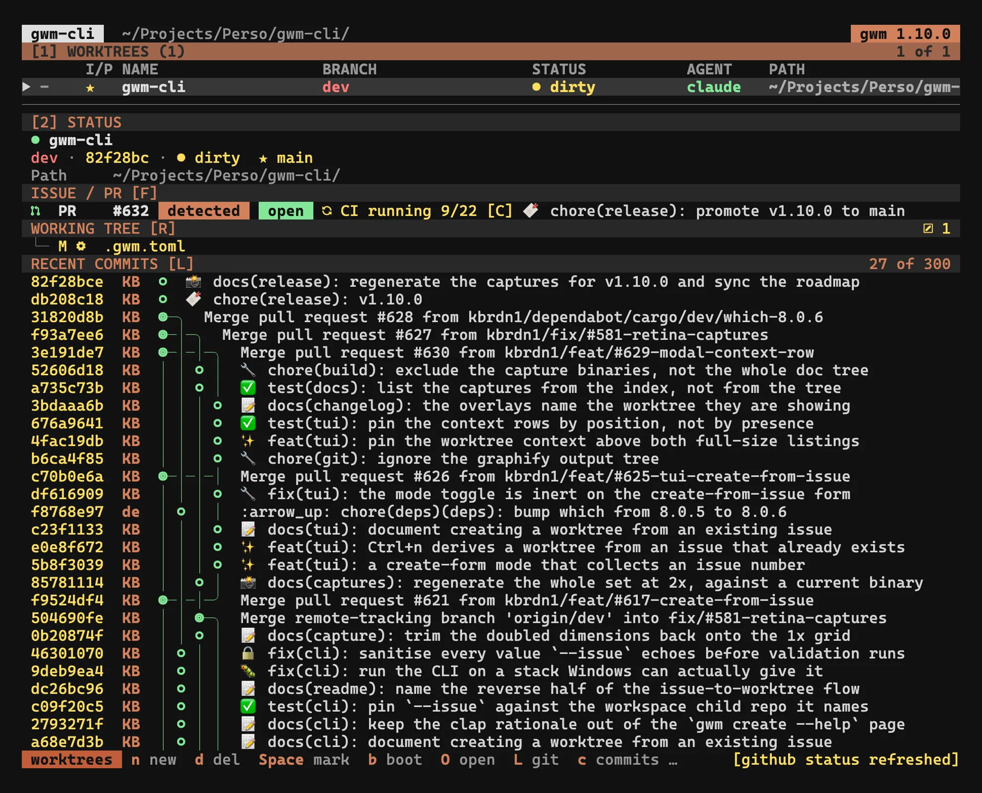 The gwm sidebar showing an auto-linked issue and a gh-detected open pull request with its CI status