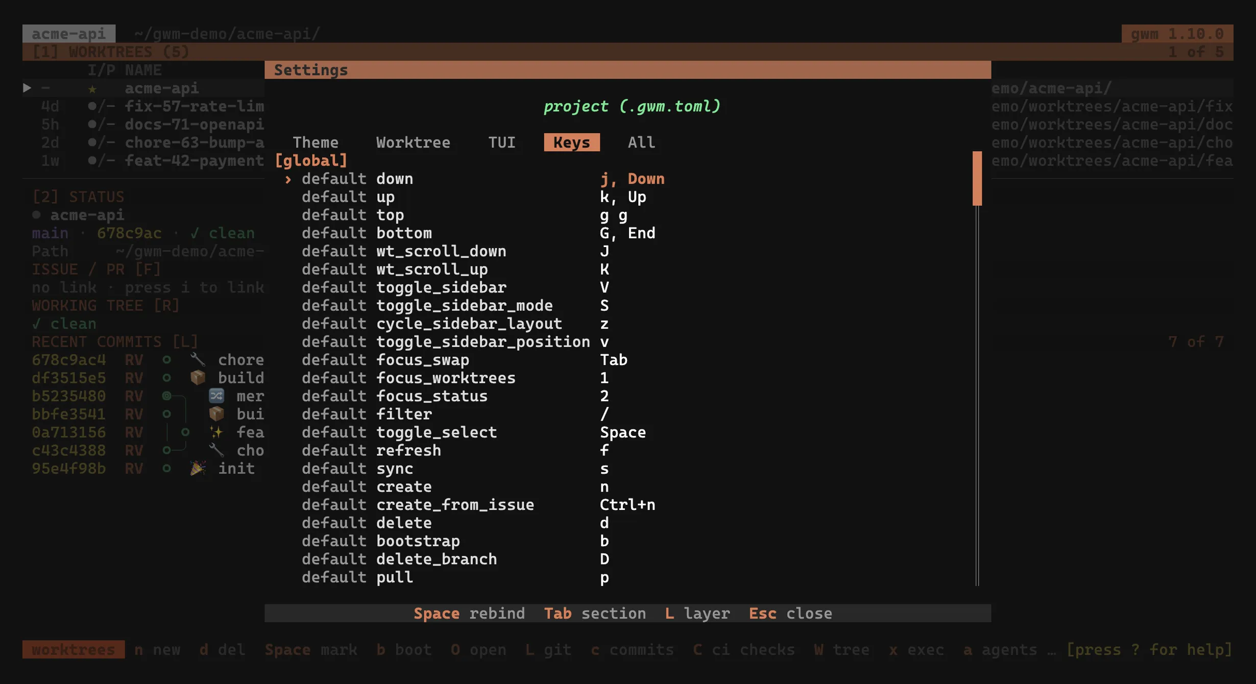 The Settings panel Keys tab: the live keymap editor
