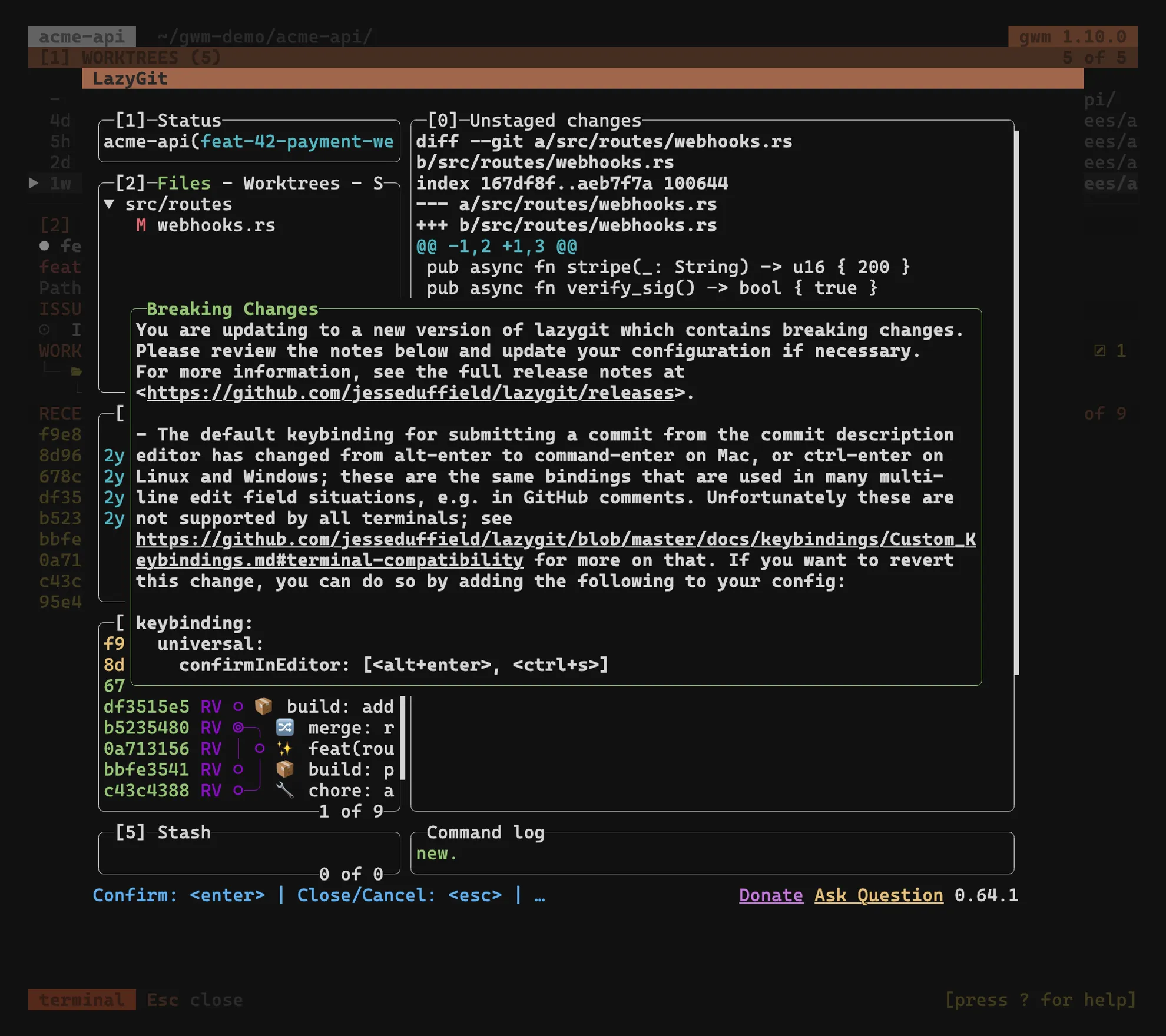 lazygit running in the embedded PTY overlay, the worktree list still framing it