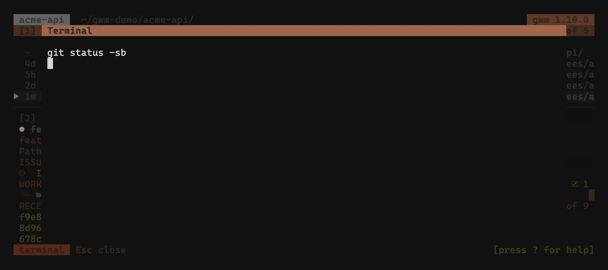 A shell in the embedded PTY overlay, already in the selected worktree