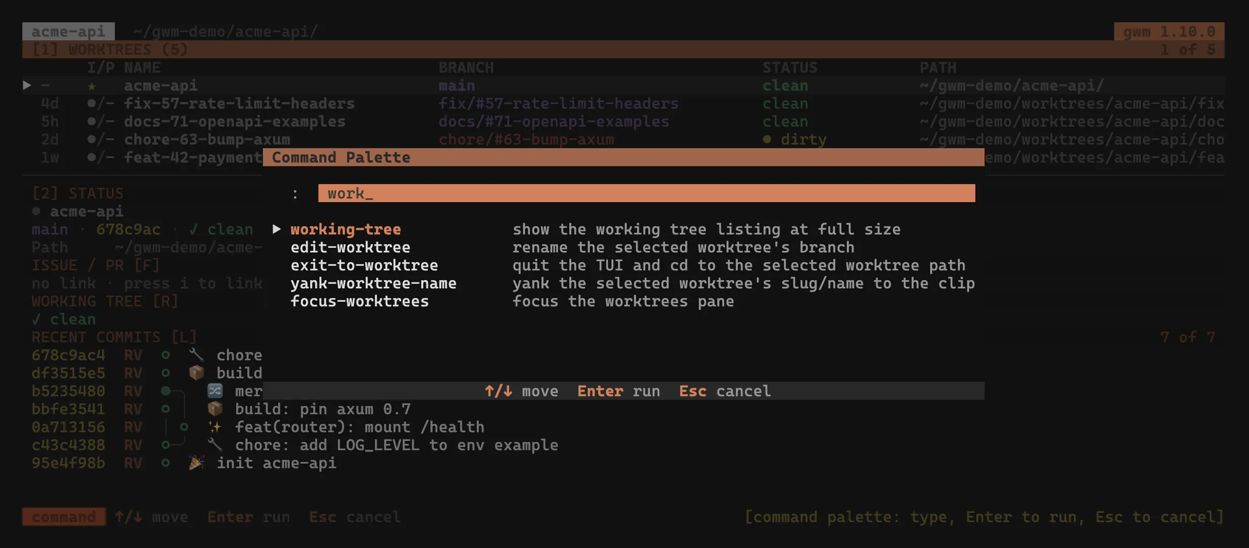 The gwm command palette open over the worktree list, fuzzy-filtering the registered actions on the string work