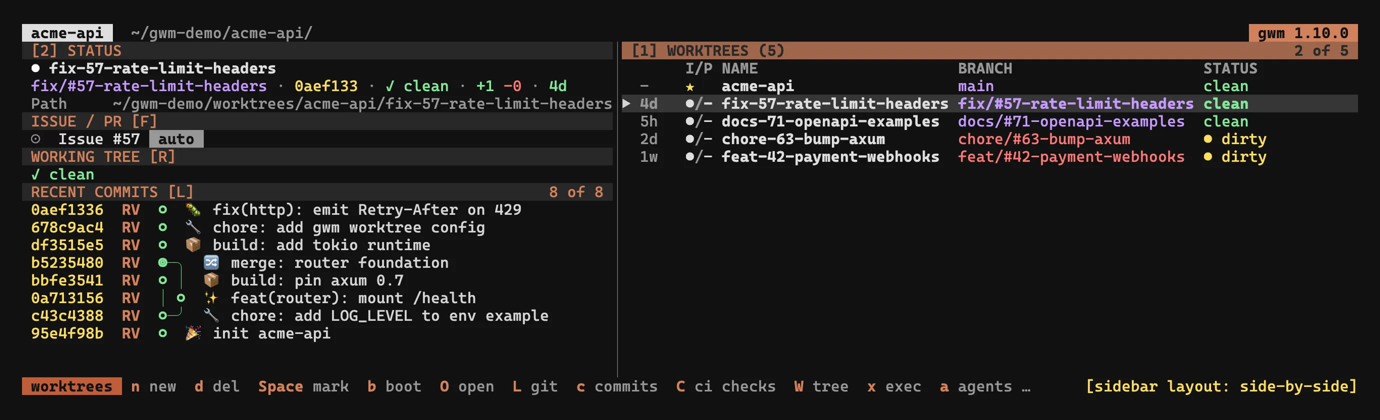 The gwm TUI in its side-by-side layout, the status sidebar on the left and the worktree list on the right